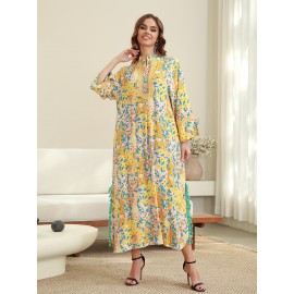 Elegant Floral Print Abaya with Golden Accents - Long Sleeve, Mid-Length, Loose Fit, Slit Hem, Embroidered Detail, Perfect for Saudi National Day, All-Season Wear, Cultural Attire|Floral Print Abaya|Embroidered Detailing, Abaya Dress