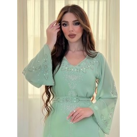 Elegant Floral Printed 1pc Long Sleeve Abaya - Polyester Chiffon Summer Robe with Rhinestone Embellishments and Belt for Middle Eastern Women