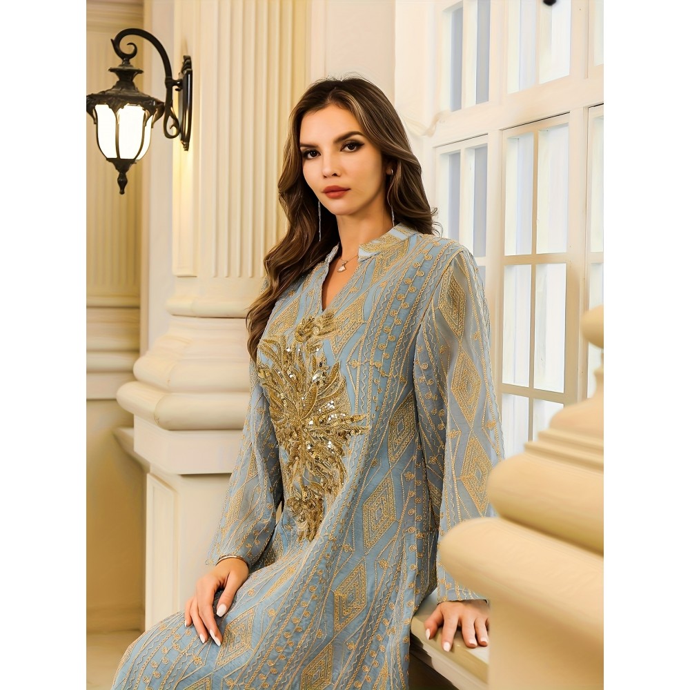 Luxury Muslim Women's Abaya Toga Dress with Golden Embroidery - Middle Eastern Style Long Sleeve Polyester Gown for Weddings & Formal Events, Loose Fit, Geometric Pattern, Hand Wash or Dry Clean, Muslim Clothes