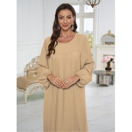 1pc Elegant holiday fashion versatile loose pleated rear zipper solid color suitable for daily wear comfortable casual loose comfortable Women's abaya dress.abayas for women muslim long sleeve dresses for women long frocks for women