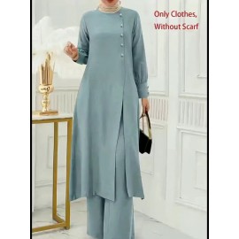 [Ramadan Top Set] Ramadan Solid Color Long Sleeve Top and Pants Set | Arabic Style, Polyester, with Faux Button Detail, for All Seasons, Women's