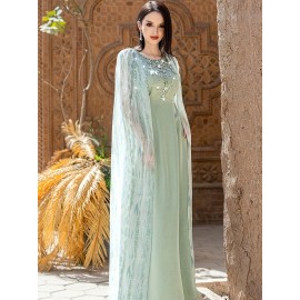 Women's Sleeveless Rhinestone-Embellished Mint Green Gown - Middle Eastern-Inspired Elegant Long Dress with Round Neck for Spring/Summer, Hand Wash Only