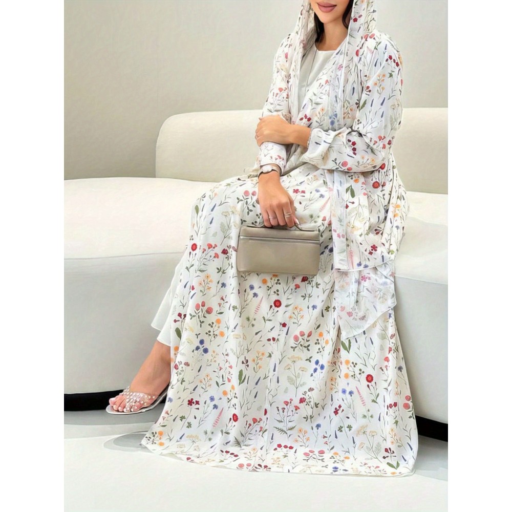 2pcs Elegant Open Abaya & Matching Headscarf Set - Floral Print, Long Sleeve, Loose Fit for Women - Ideal for Spring/Summer Outfits, Versatile Long Abaya|Floral Print Abaya|Traditional Abaya