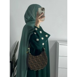 1pc Women's Islamic Abaya Dress - Elegant Hijab Outfit with Cuff Floral embroidery, Navy Blue Arabicrobe, Loose Fit Non-Stretch Muslim Dress for Daily Prayer, Office, Travel - No Scarf Needed, Modest Apparel, Quality Embroidery Detail