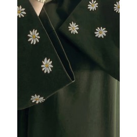 1pc Women's Islamic Abaya Dress - Elegant Hijab Outfit with Cuff Floral embroidery, Navy Blue Arabicrobe, Loose Fit Non-Stretch Muslim Dress for Daily Prayer, Office, Travel - No Scarf Needed, Modest Apparel, Quality Embroidery Detail