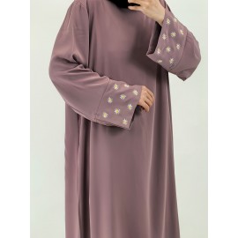 1pc Women's Islamic Abaya Dress - Elegant Hijab Outfit with Cuff Floral embroidery, Navy Blue Arabicrobe, Loose Fit Non-Stretch Muslim Dress for Daily Prayer, Office, Travel - No Scarf Needed, Modest Apparel, Quality Embroidery Detail