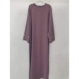 1pc Women's Islamic Abaya Dress - Elegant Hijab Outfit with Cuff Floral embroidery, Navy Blue Arabicrobe, Loose Fit Non-Stretch Muslim Dress for Daily Prayer, Office, Travel - No Scarf Needed, Modest Apparel, Quality Embroidery Detail