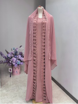 Middle Eastern Muslim Fashion Long Sleeve Embroidered Contrast Lace Patchwork Abaya Dress and Hijab Three-Piece Set