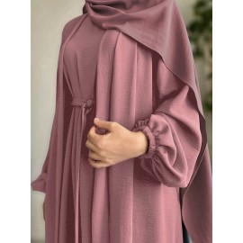 3pcs Traditional Middle Eastern Abaya Dress Set - Long Sleeve, Belted Waist, Solid Color, Non-Stretch Fabric, Spring/Summer/Fall Wear, Includes Cardigan, Dress, and Headscarf, Cultural Attire|Traditional Attire|Belted Waist Dress