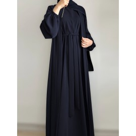 3pcs Traditional Middle Eastern Abaya Dress Set - Long Sleeve, Belted Waist, Solid Color, Non-Stretch Fabric, Spring/Summer/Fall Wear, Includes Cardigan, Dress, and Headscarf, Cultural Attire|Traditional Attire|Belted Waist Dress