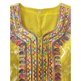 Elegant Floral Sequin Embroidered Long Sleeve Dress - Traditional Middle Eastern Style, Polyester Lined, All-Season Wear