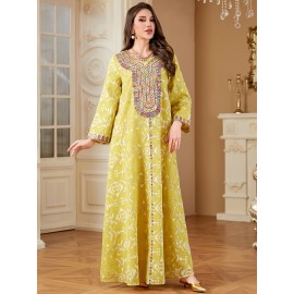 Elegant Floral Sequin Embroidered Long Sleeve Dress - Traditional Middle Eastern Style, Polyester Lined, All-Season Wear