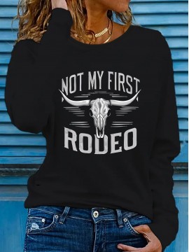 Women'S Western Bull Skull Graphic Long Sleeve T-Shirt - Stretchy Polyester Blend, Casual Crew Neck, Spring/Summer Vacation Top with 