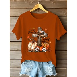 [Thanksgiving Christian Faith] Women's Thanksgiving Christian Faith T-Shirt | Pumpkin Cross Design Give Thanks | Lightweight Orange Fall Church Outfit | Harvest Season Spring/Summer Apparel
