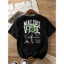 MALIBU VIBE Women's Casual Short Sleeve T-Shirt - Tropical Palm Tree & California Graphic Print, Black with White Lettering, Round Neck, Comfort Fit, Machine Washable, All-Season Wear, Relaxed Fit Top | Classic Round Neck | Durable Print Shirt