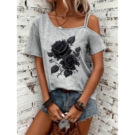 Women's Sexy Off-Shoulder Graphic Print T-Shirt - Black Rose & Butterfly Design, Thin Strap Short Sleeve Summer Top, Machine Washable Casual Chic Blouse for Women, Nontransparent Fabric