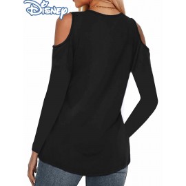 Women'S Disney Princess Graphic Off-Shoulder Long Sleeve T-Shirt - V-Neck, Black with Colorful Floral Crown & Castle Design, Perfect for Spring/Fall, Disney Shirts