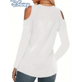 Women'S Disney Princess Graphic Off-Shoulder Long Sleeve T-Shirt - V-Neck, Black with Colorful Floral Crown & Castle Design, Perfect for Spring/Fall, Disney Shirts