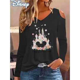 Women'S Disney Princess Graphic Off-Shoulder Long Sleeve T-Shirt - V-Neck, Black with Colorful Floral Crown & Castle Design, Perfect for Spring/Fall, Disney Shirts