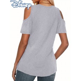 [Disney Minnie Mouse T-Shirt] Disney Minnie Mouse & Mickey Mouse Graphic T-Shirt for Women - Cute Cartoon Print V-Neck Off-Shoulder Short Sleeve Tee, Black with Red Bow & Hearts Design, Summer Casual Top, Disney Shirts