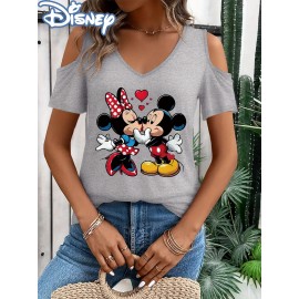 [Disney Minnie Mouse T-Shirt] Disney Minnie Mouse & Mickey Mouse Graphic T-Shirt for Women - Cute Cartoon Print V-Neck Off-Shoulder Short Sleeve Tee, Black with Red Bow & Hearts Design, Summer Casual Top, Disney Shirts