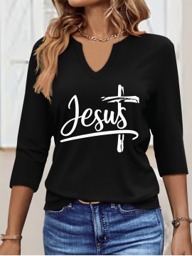 [Jesus Print Casual Top] Comfortable Polyester Women's Casual V-Neck 3/4 Sleeve Top with 