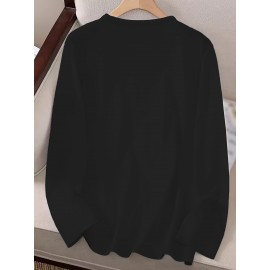 Women's Black Music Note Graphic Print Long Sleeve T-Shirt - Soft Stretch Polyester Crew Neck Casual Top with 