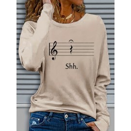 Women's Black Music Note Graphic Print Long Sleeve T-Shirt - Soft Stretch Polyester Crew Neck Casual Top with 