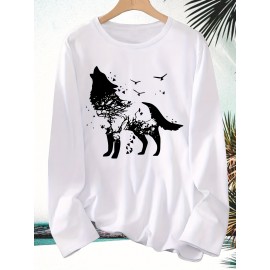 [Wolf Graphic Print Crew Neck Tee] 1pc Casual Wolf Graphic Print Long Sleeve Crew Neck T-Shirt - Polyester Top with Slight Stretch - Animal Pattern Pullover for All Seasons