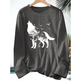 [Wolf Graphic Print Crew Neck Tee] 1pc Casual Wolf Graphic Print Long Sleeve Crew Neck T-Shirt - Polyester Top with Slight Stretch - Animal Pattern Pullover for All Seasons