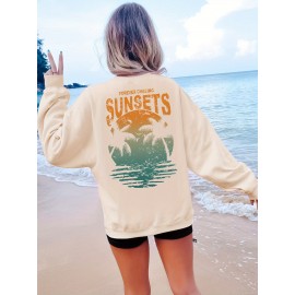 [Palm Tree Print Sweatshirt] Crew Neck Palm Tree Print Sweatshirt - Casual Fall & Spring Women's Clothing