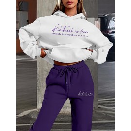Women's Fashion Casual Letter Print Set - Premium Autumn/Winter Trendy Youthful Fleece Hoodie and Jogger Pants Two-Piece Outfit, Versatile Hooded Suit for Women, Ideal Gift Choice