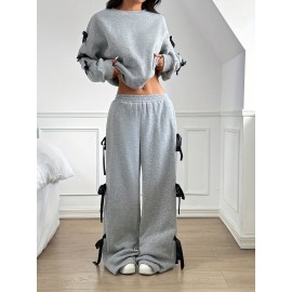 Solid Color Women's Casual Loose Bow Decoration Long Sleeve Top and Pants Two-Piece Set