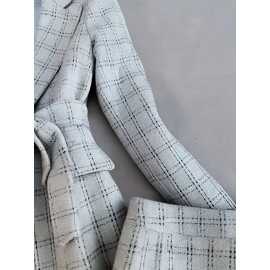 [Chic Plaid Suit] Long Sleeve Plaid Midi Suit Jacket and Skirt Set, Chic Women's Halter Dress Outfit