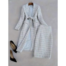 [Chic Plaid Suit] Long Sleeve Plaid Midi Suit Jacket and Skirt Set, Chic Women's Halter Dress Outfit
