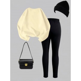 2pcs Set Women'S Casual New York Monogram Print Long Sleeve Knitted Polyester Spandex Crew Neck Sweatshirt & Sweatpants Set, Comfortable Stretch Fabric, 250g/m² 230g/m², for Fall, Winter, Outdoor Use