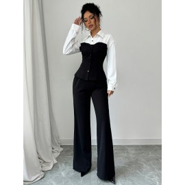 Women'S Elegant Two-Piece Outfit: Color Block Long Sleeve Shirt + Wide-Leg Pants, Polyester Blend, All-Season Wear, Casual Attire|Elegant Two-Piece|Polyester Blend