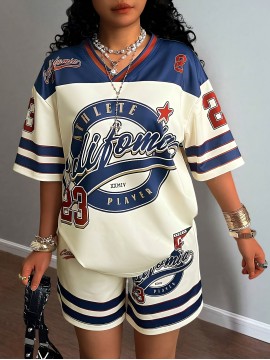 Retro jersey-inspired set with 23 number print, color-blocked design. Comfy short-sleeve top and shorts, Light Beige-friendly and breathable, trendy and casual, perfect for shopping, vacation, and lounging.