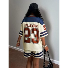 Retro jersey-inspired set with 23 number print, color-blocked design. Comfy short-sleeve top and shorts, Light Beige-friendly and breathable, trendy and casual, perfect for shopping, vacation, and lounging.