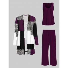 Spring and Summer Three-Piece Color-Block Print Set with Long Sleeve Jacket, Vest, and Pants for Women