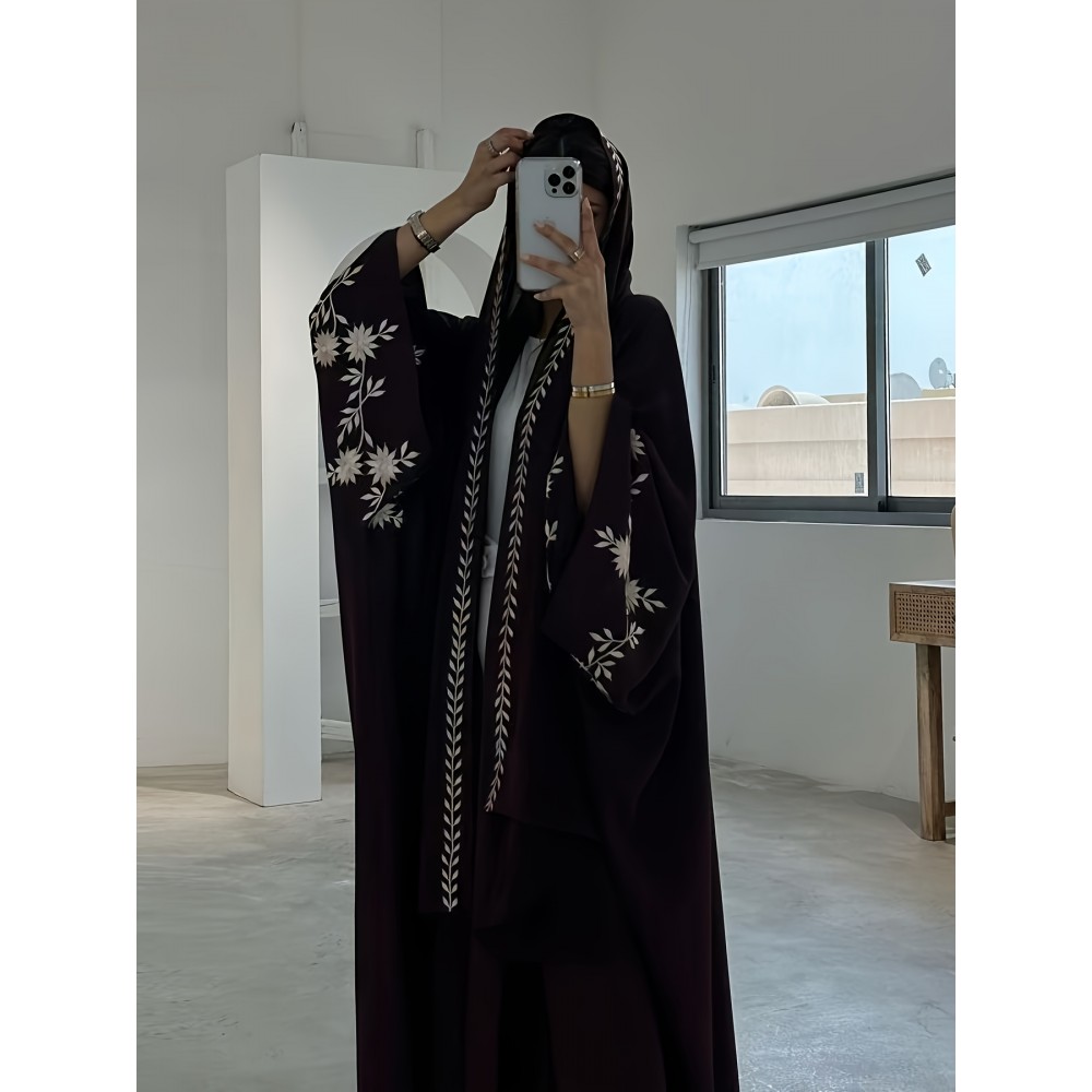 1pc Middle Eastern-Inspired Embroidered Scarf-Style Abaya Cardigan for Women - Solid Color Long Sleeve Loose Fit Breathable All-Season Versatile Muslim Bayan Elbiseleri