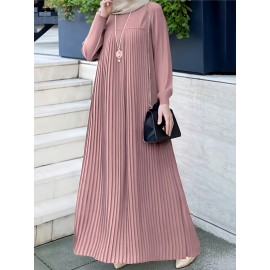 1pc Elegant holiday fashion versatile loose pleated rear zipper solid color suitable for daily wear comfortable casual loose comfortable Women's abaya dress.abayas for women muslim long sleeve dresses for women long frocks for women