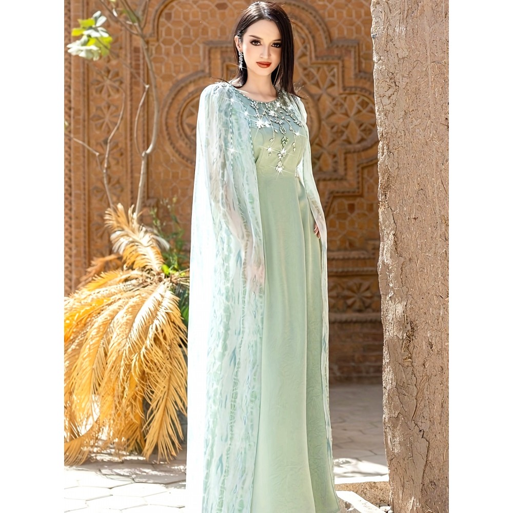 Women's Sleeveless Rhinestone-Embellished Mint Green Gown - Middle Eastern-Inspired Elegant Long Dress with Round Neck for Spring/Summer, Hand Wash Only