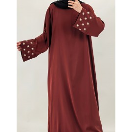 1pc Women's Islamic Abaya Dress - Elegant Hijab Outfit with Cuff Floral embroidery, Navy Blue Arabicrobe, Loose Fit Non-Stretch Muslim Dress for Daily Prayer, Office, Travel - No Scarf Needed, Modest Apparel, Quality Embroidery Detail