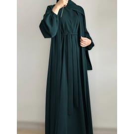 3pcs Traditional Middle Eastern Abaya Dress Set - Long Sleeve, Belted Waist, Solid Color, Non-Stretch Fabric, Spring/Summer/Fall Wear, Includes Cardigan, Dress, and Headscarf, Cultural Attire|Traditional Attire|Belted Waist Dress