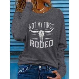 Women'S Western Bull Skull Graphic Long Sleeve T-Shirt - Stretchy Polyester Blend, Casual Crew Neck, Spring/Summer Vacation Top with 