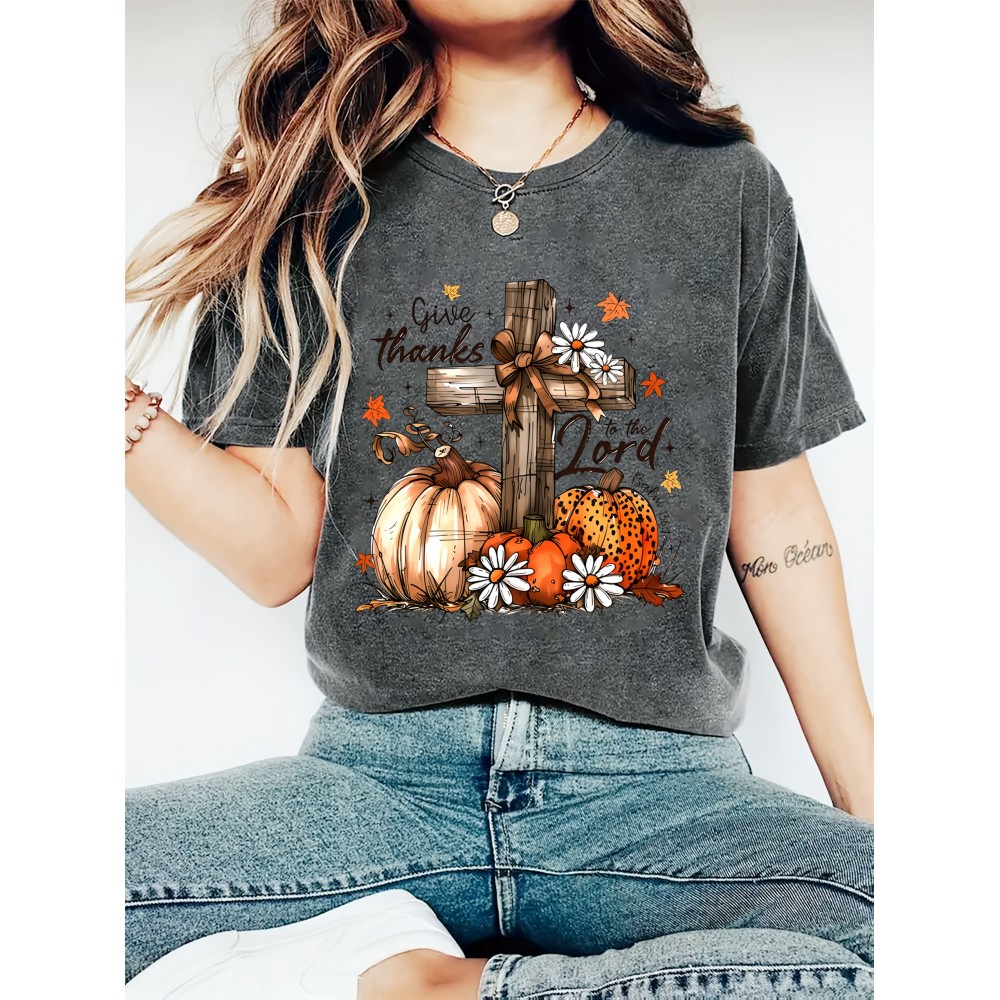 [Thanksgiving Christian Faith] Women's Thanksgiving Christian Faith T-Shirt | Pumpkin Cross Design Give Thanks | Lightweight Orange Fall Church Outfit | Harvest Season Spring/Summer Apparel