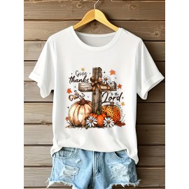 [Thanksgiving Christian Faith] Women's Thanksgiving Christian Faith T-Shirt | Pumpkin Cross Design Give Thanks | Lightweight Orange Fall Church Outfit | Harvest Season Spring/Summer Apparel
