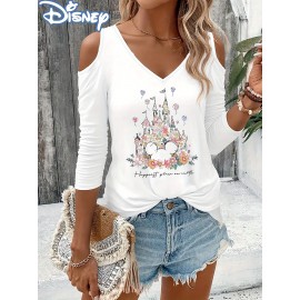 Women'S Disney Princess Graphic Off-Shoulder Long Sleeve T-Shirt - V-Neck, Black with Colorful Floral Crown & Castle Design, Perfect for Spring/Fall, Disney Shirts