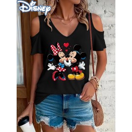 [Disney Minnie Mouse T-Shirt] Disney Minnie Mouse & Mickey Mouse Graphic T-Shirt for Women - Cute Cartoon Print V-Neck Off-Shoulder Short Sleeve Tee, Black with Red Bow & Hearts Design, Summer Casual Top, Disney Shirts